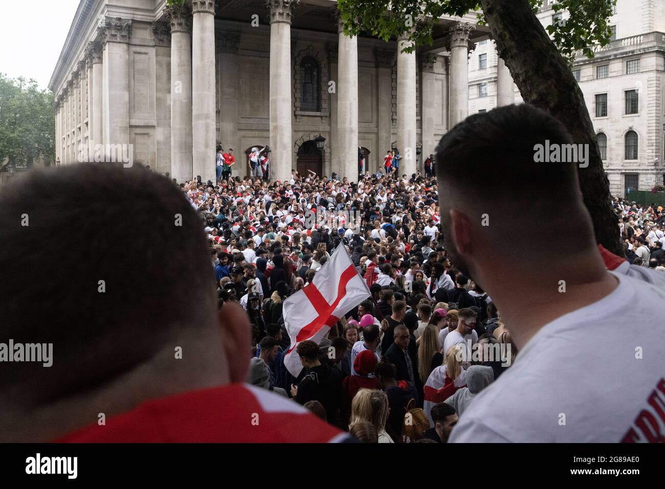 Crowd of English fans outside fan zone during the England vs Italy Euro 2020 final, Trafalgar