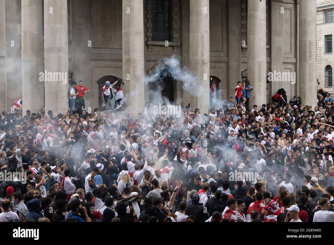 Crowd of English fans outside fan zone during the England vs Italy Euro 2020 final, Trafalgar Square, London, 11 July 2021 Stock Photo