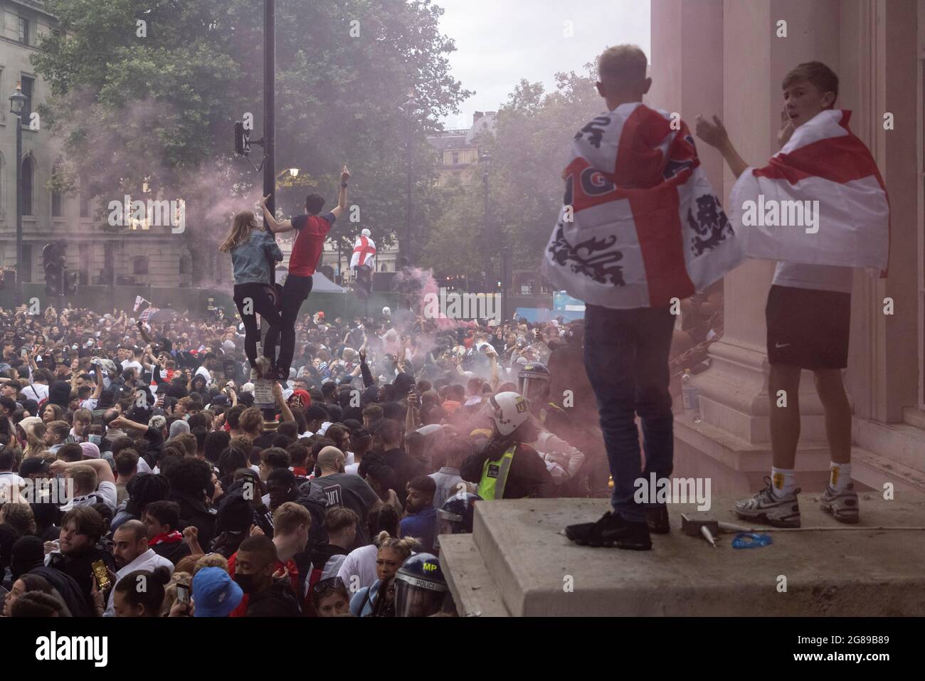 Crowd of English fans outside fan zone during the England vs Italy Euro 2020 final, Trafalgar