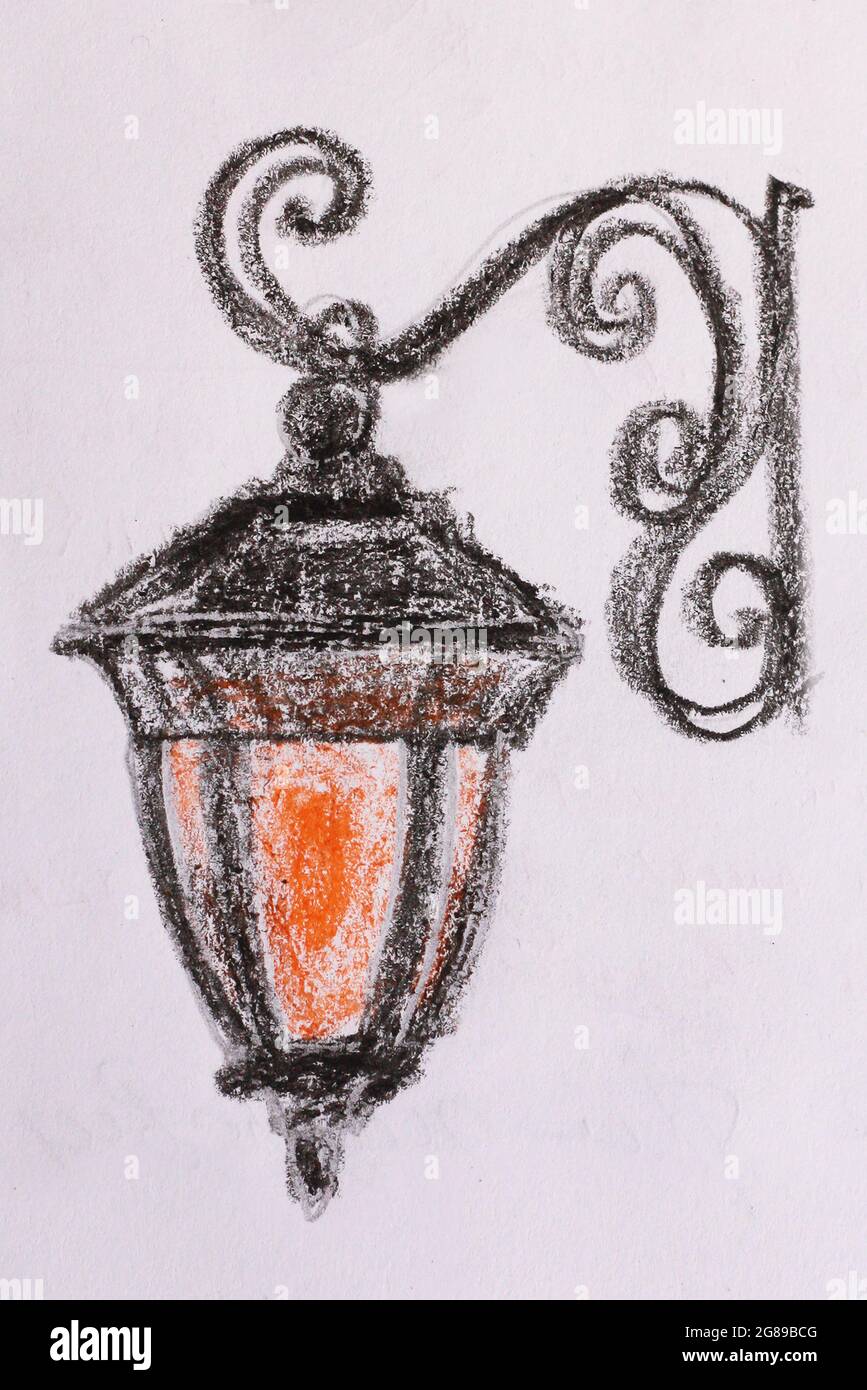 hand-drawn traditional English street lamp, charcoal drawing on white paper. High quality photo Stock Photo