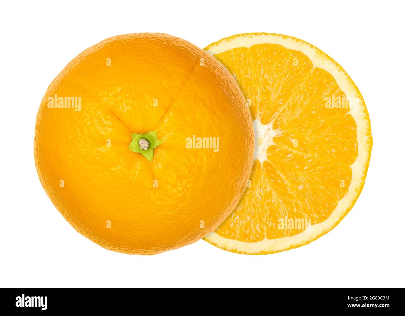 Orange cut in half, both halves laterally offset, from above, isolated over white. Ripe Valencia orange with cross section. Citrus sinensis. Stock Photo