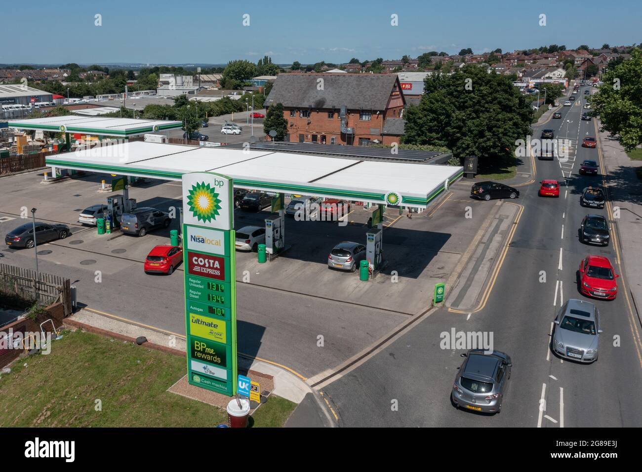 Fuel filling station, aerial view of a BP petrol station on a sunny day