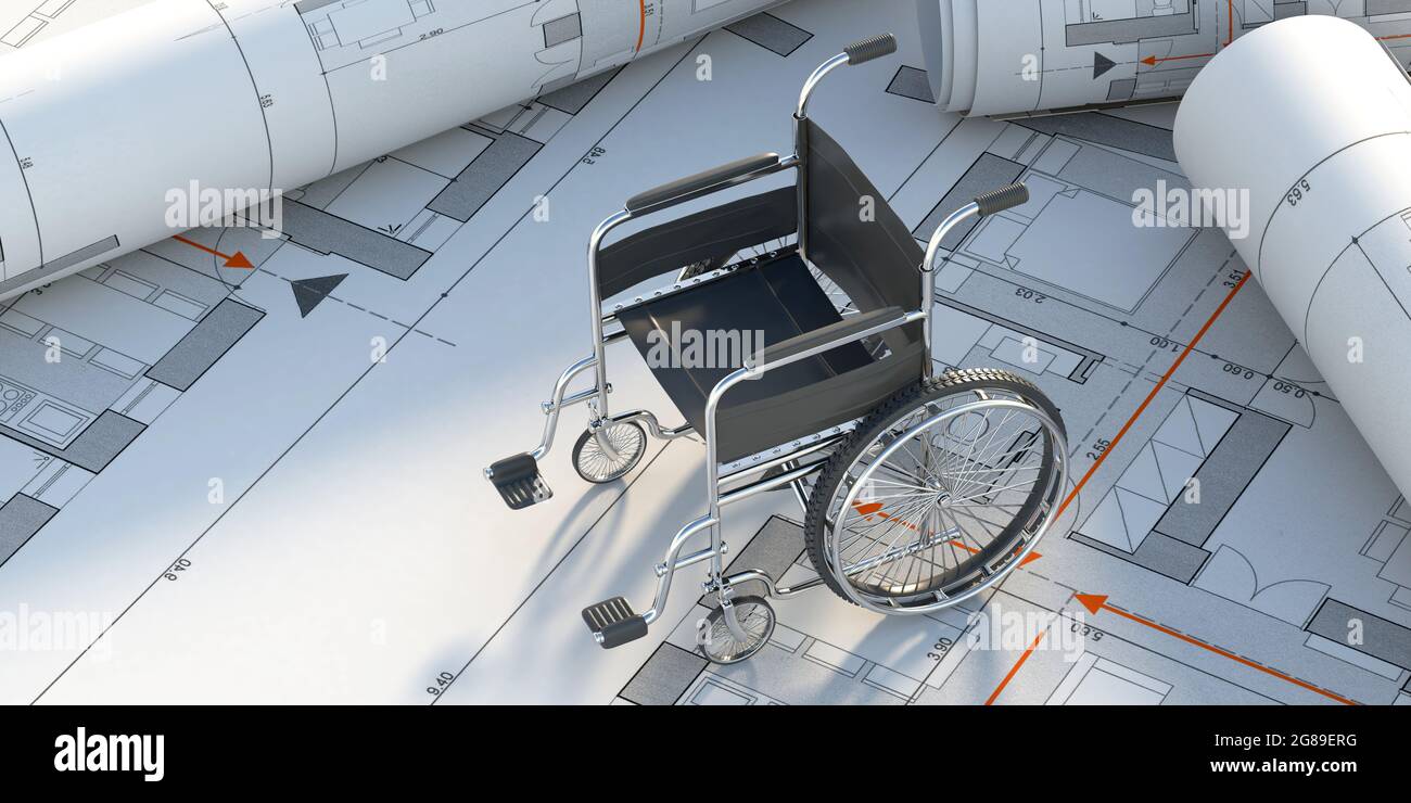 Wheelchair on design blueprints background. Regulations and