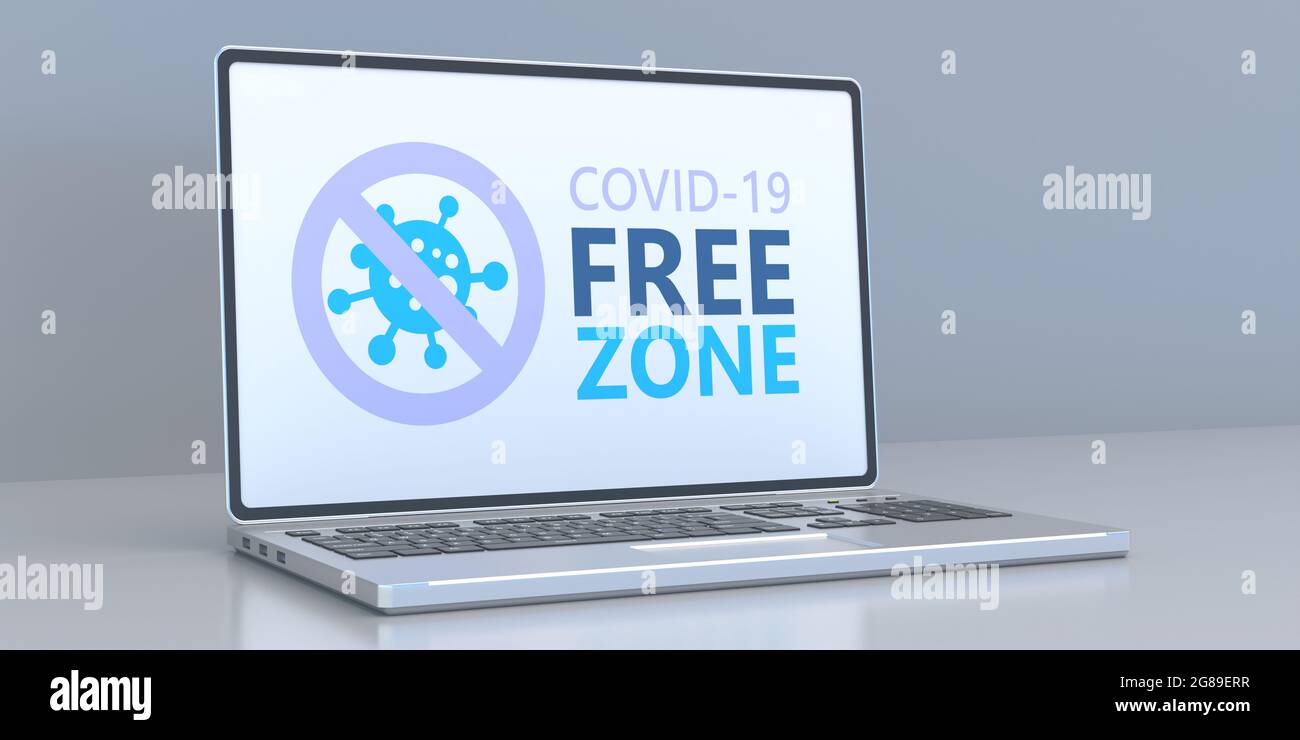 Coronavirus free zone sign. COVID 10 FREE ZONE text label on a computer laptop screen. Disinfected areas, vaccinated only concept. 3d illustration Stock Photo