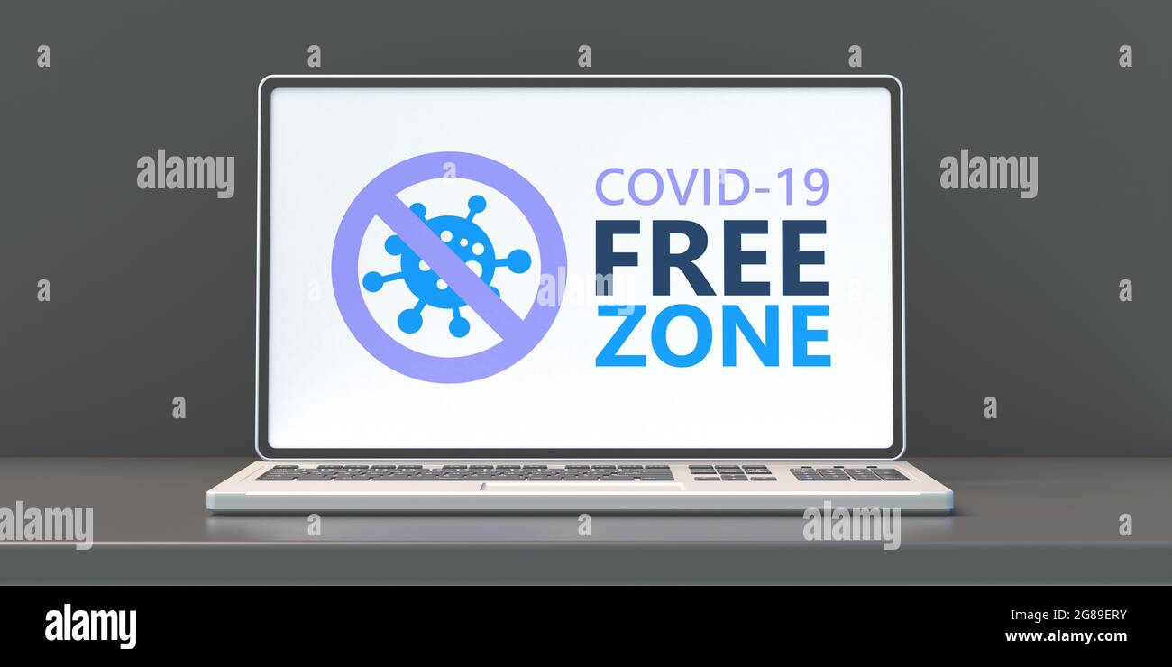Covid free zone sign. COVID 10 FREE ZONE text label on a computer laptop screen. Disinfected areas, vaccinated only concept. 3d illustration Stock Photo