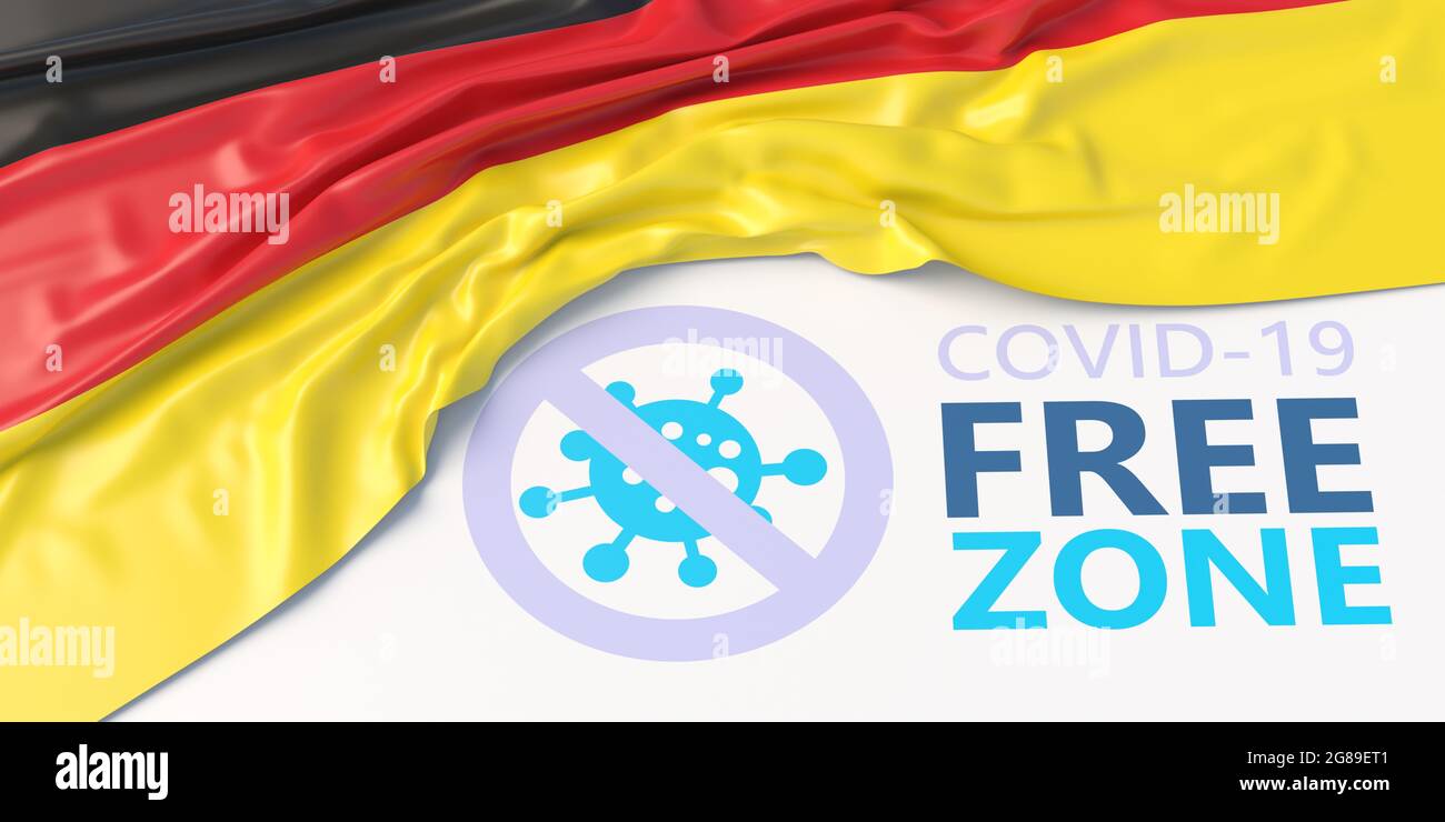 Germany Covid free zone sign. Information banner, German flag and text, COVID-19 free zone. Disinfected areas, vaccinated only concept. 3d illustratio Stock Photo