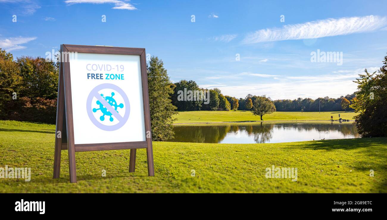 Covid free zone sign. COVID 10 FREE ZONE text label on billboard, park background. Disinfected areas, vaccinated only concept, 3d illustration Stock Photo