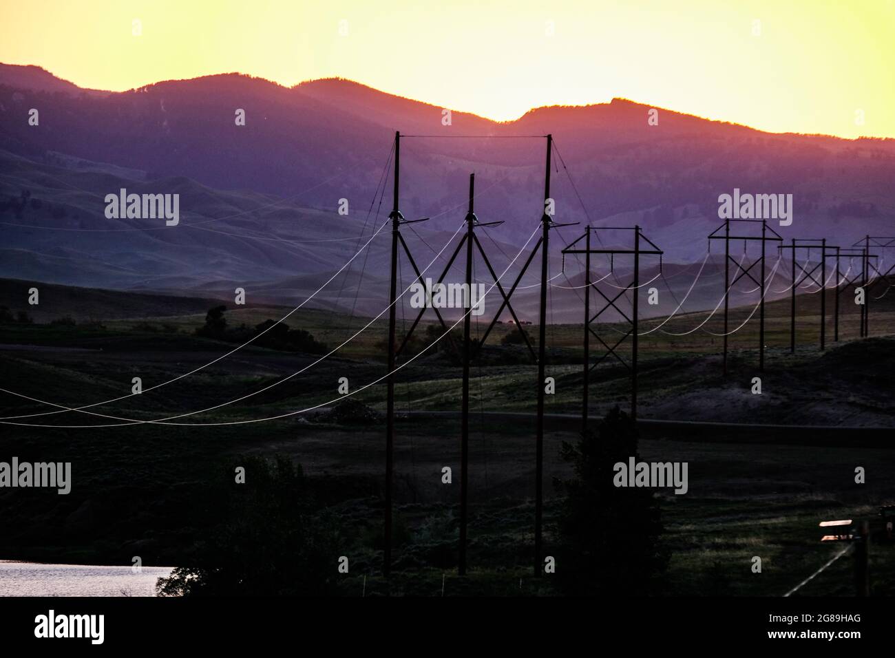 Electric power lines near Lake DesMet, near Buffalo, Wyoming, USA Stock