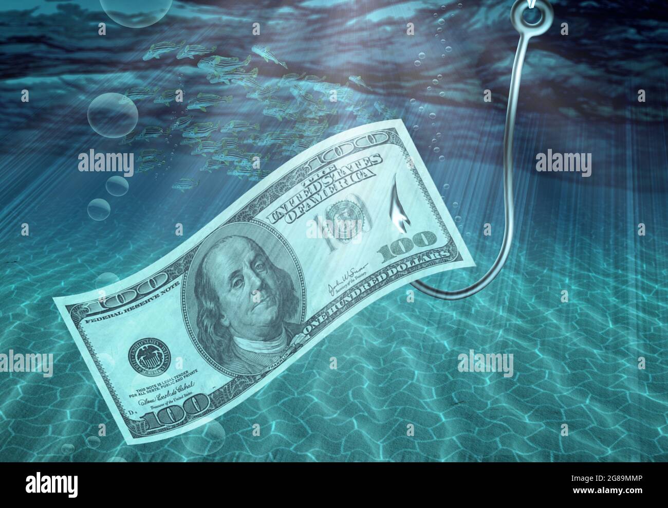 Fishing. US dollar bill on fish hook. 3D rendering Stock Photo Alamy