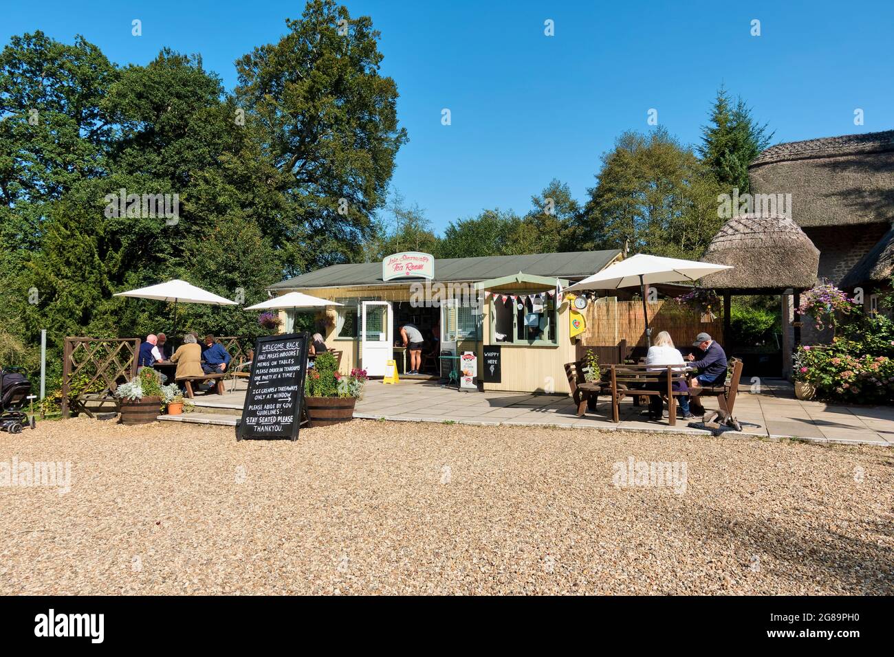 The Lake Shearwater Tea Rooms at Crockerton in Wiltshire welcomes back customers whilst adhering to the strict UK Covid guidance rules Stock Photo