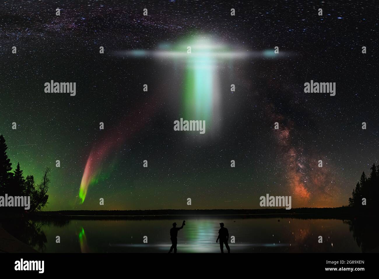 People are watching UFOs in the night sky. Elements of this image furnished by NASA. Stock Photo