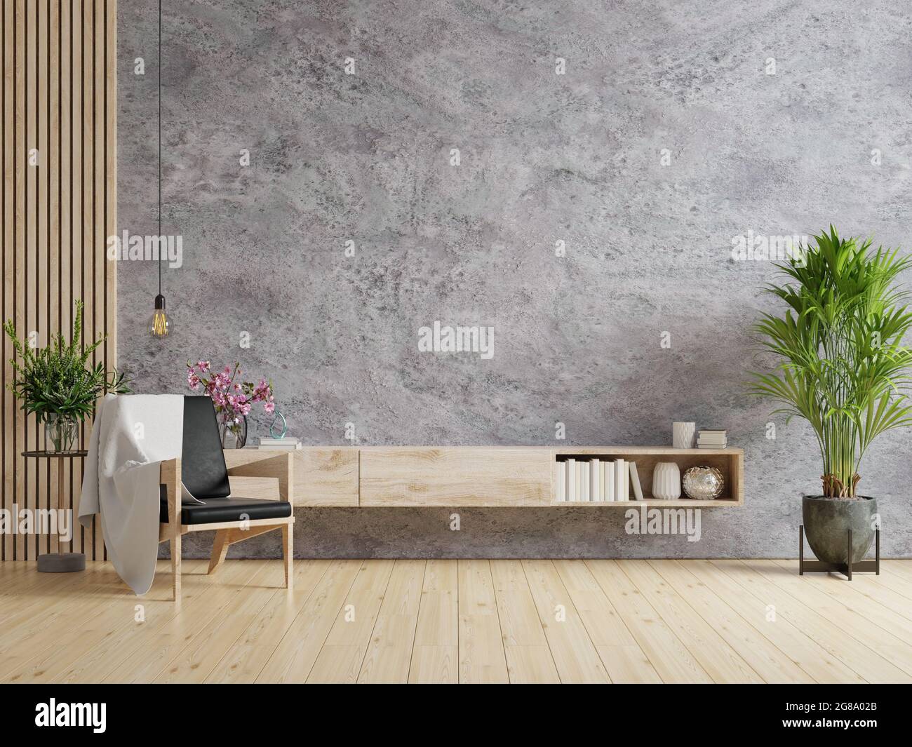 Living room interior have shelf for tv and black leather armchair in ...