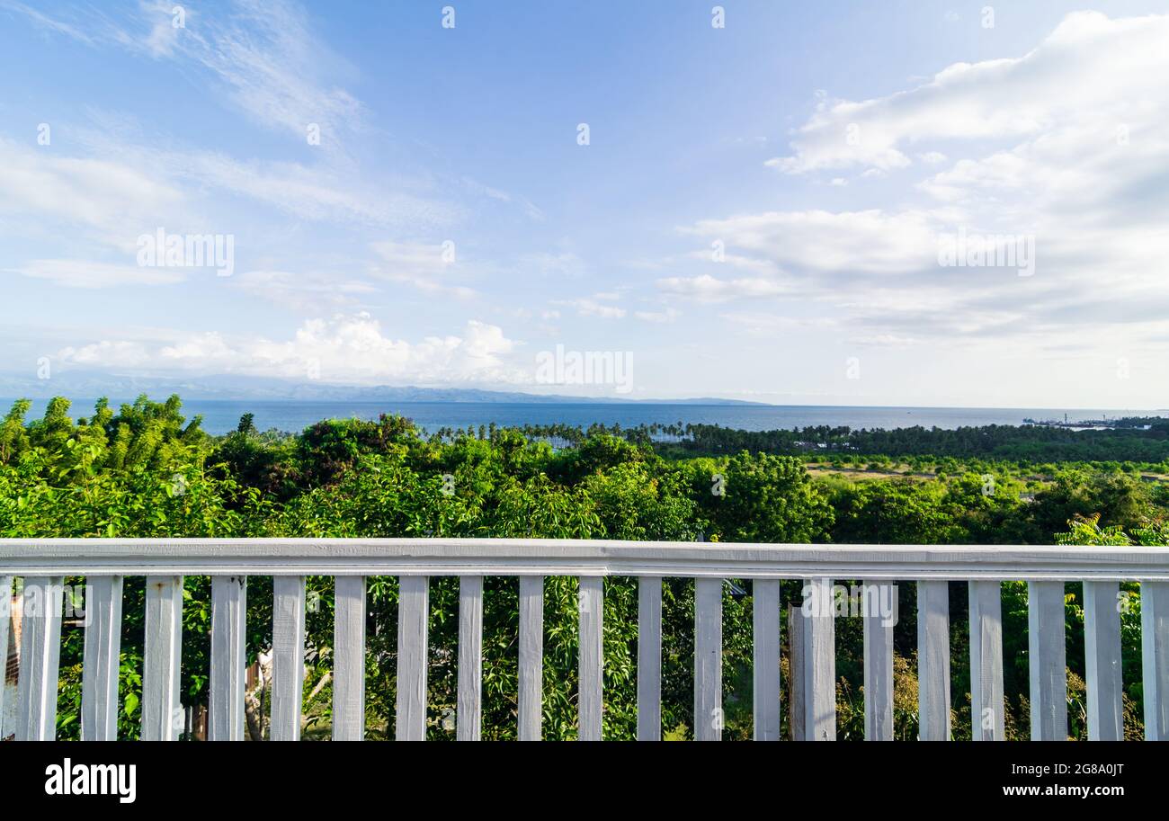 Ocean view from a white porch Stock Photo