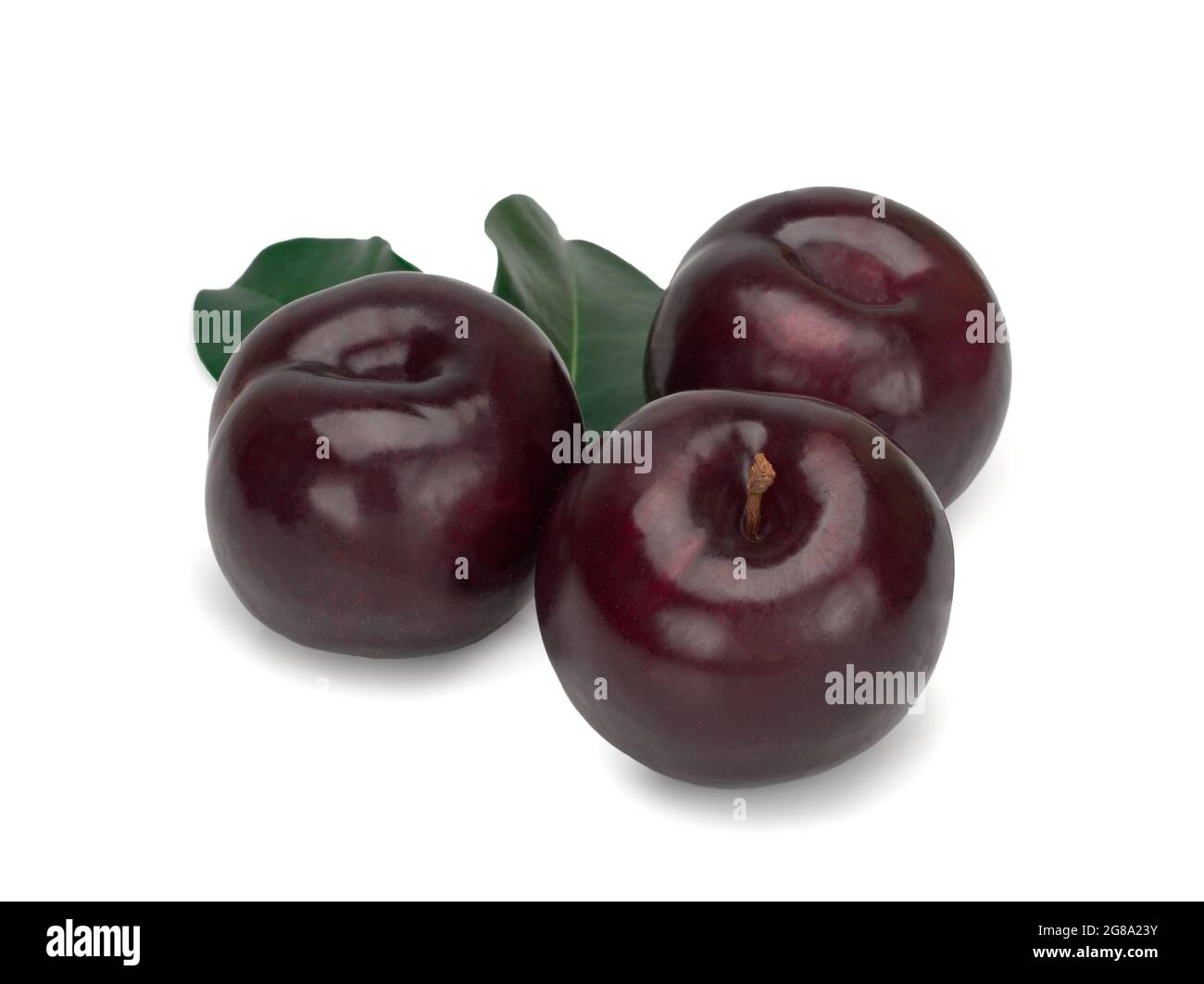 Three plums with leaves on white background Stock Photo