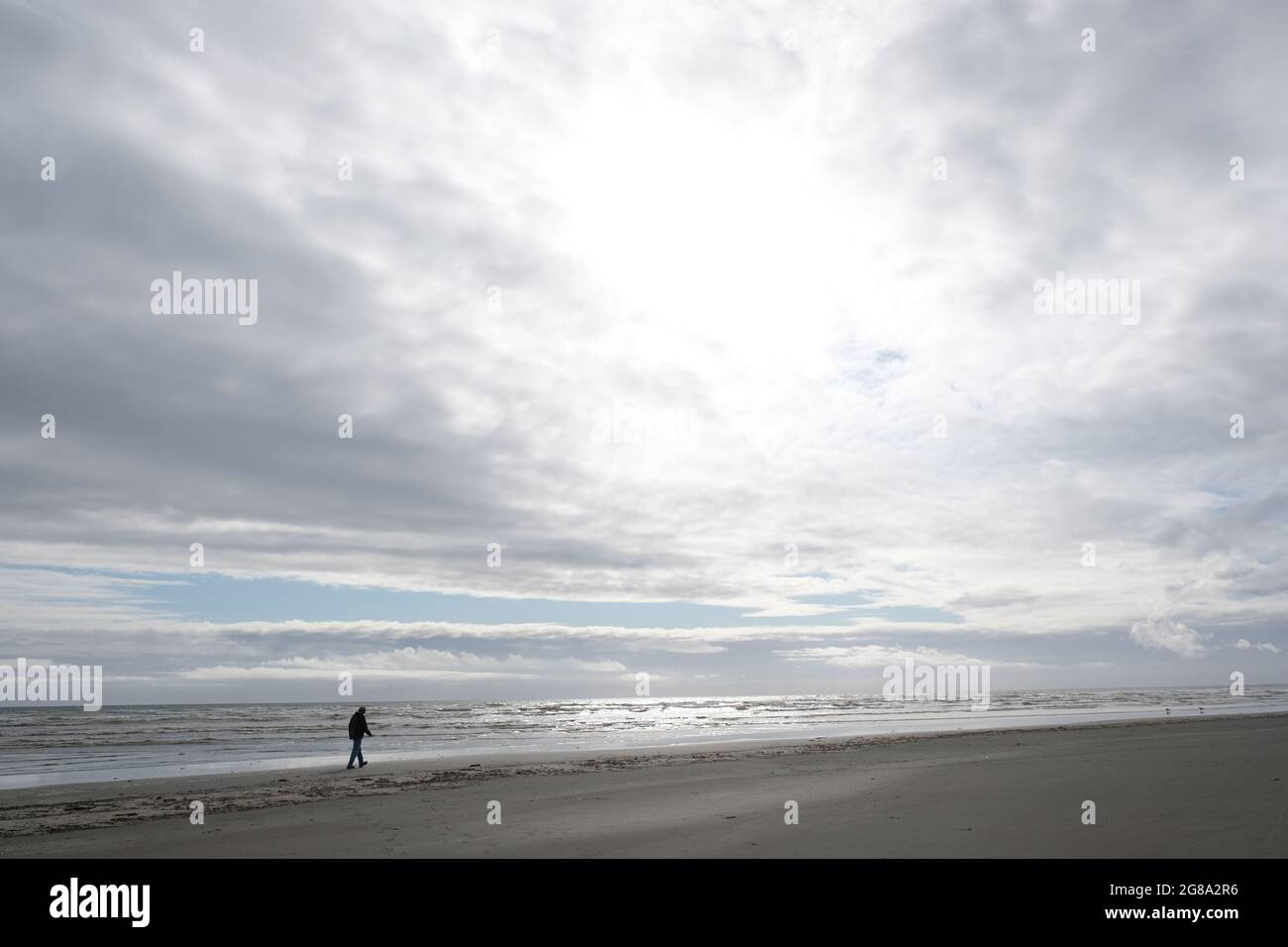 Moody image of walkers silhouetted on the beach next to the Pacific Ocean, Pacific Beach, Washington State USA. Stock Photo