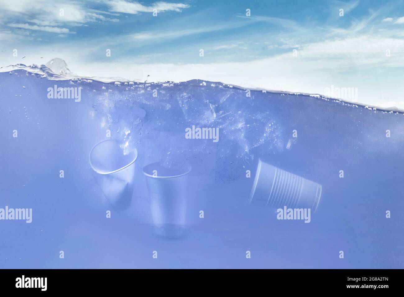 the plastic float underwater in ocean, waterline, environment water