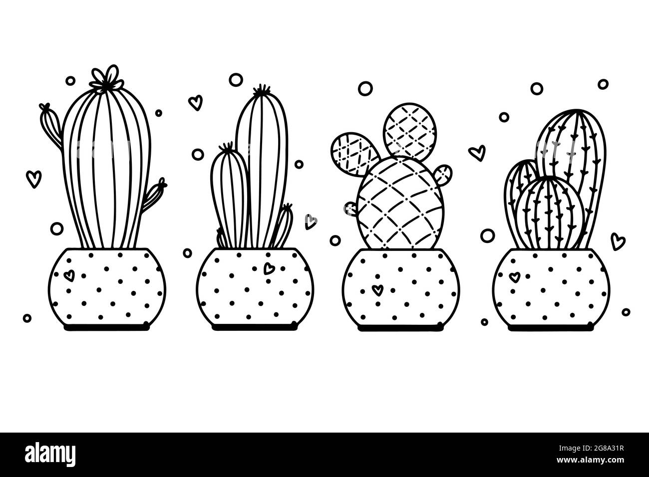 Set of cacti in pots isolated on white background. Succulents sketch ...