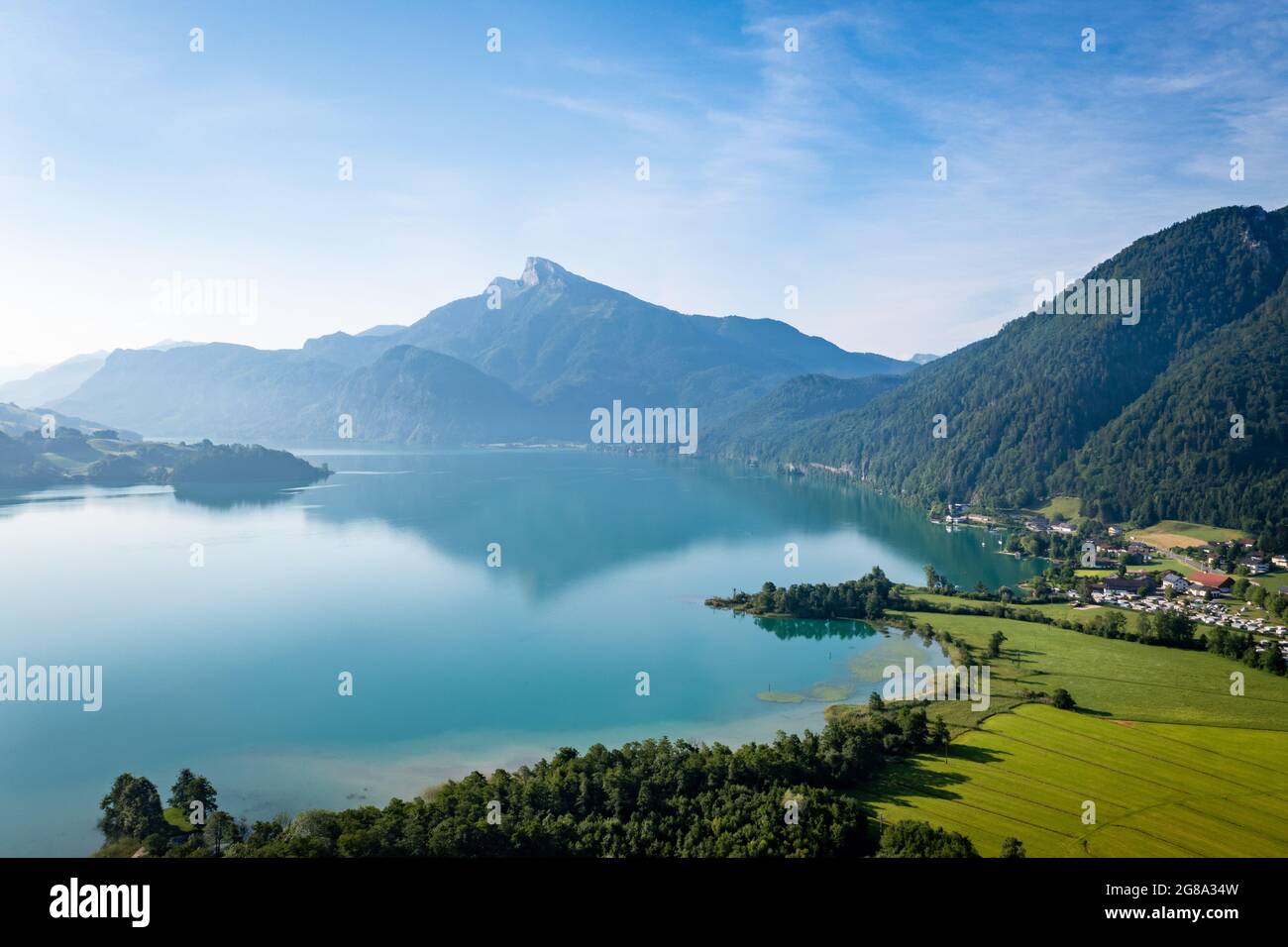 Lake Mondsee aerial view to Schafberg mountain. Idyllic Salzkammergut