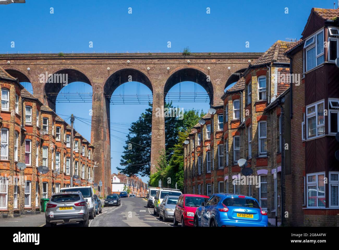 The Victorian Railway Viaduct Bridge spanning Bradstone Road in Folkestone Kent, the work of the builder Cubitt, UK Stock Photo