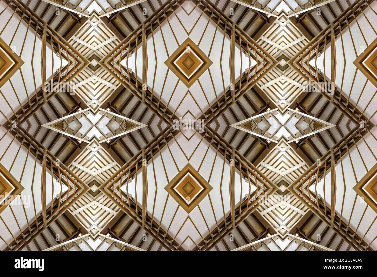 An image of a stair case, steps and railing is turned into an abstract geometric design through duplication, replication, and composite photography. Stock Photo