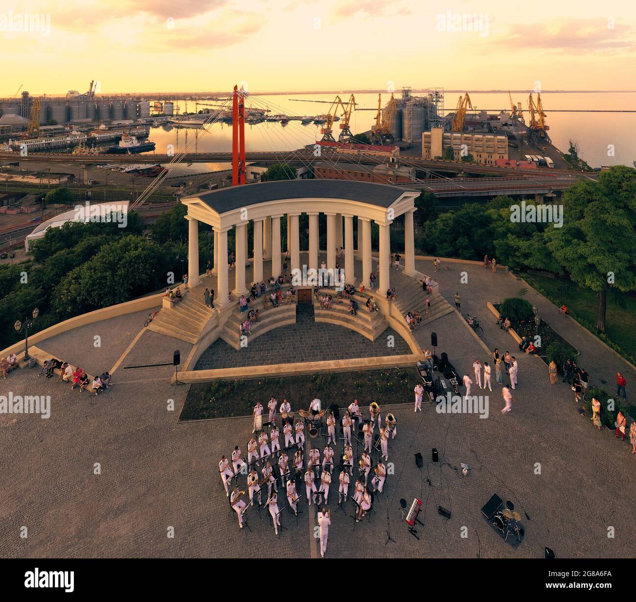 Panorama Odessa port with concert of the Armed Forces of Ukraine orchestra and US Navy combo jazz orchestra of the US 6-th Fleet Stock Photo