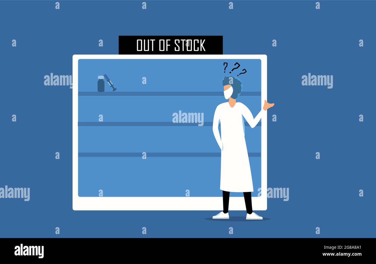 Vaccine out of stock or not available, a doctor looking at empty shelf and vaccines are unavailable Stock Vector