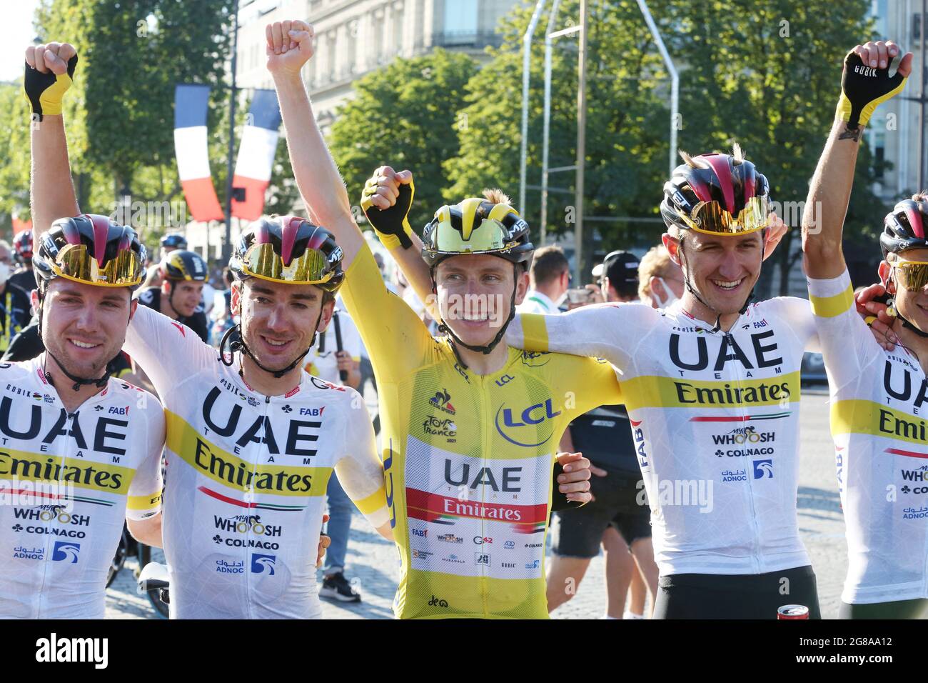 Winner yellow jersey Slovenian Tadej Pogacar of UAE Team Emirates during  the final stage of the 108th edition of the Tour de France cycling race,  108km from Chatou to Paris, in France,