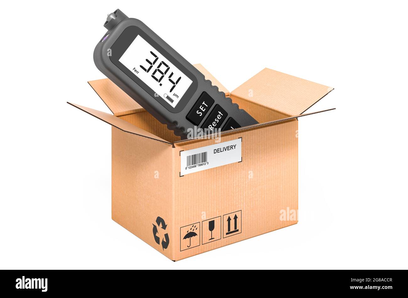 Coating thickness gauge inside cardboard box, delivery concept. 3D