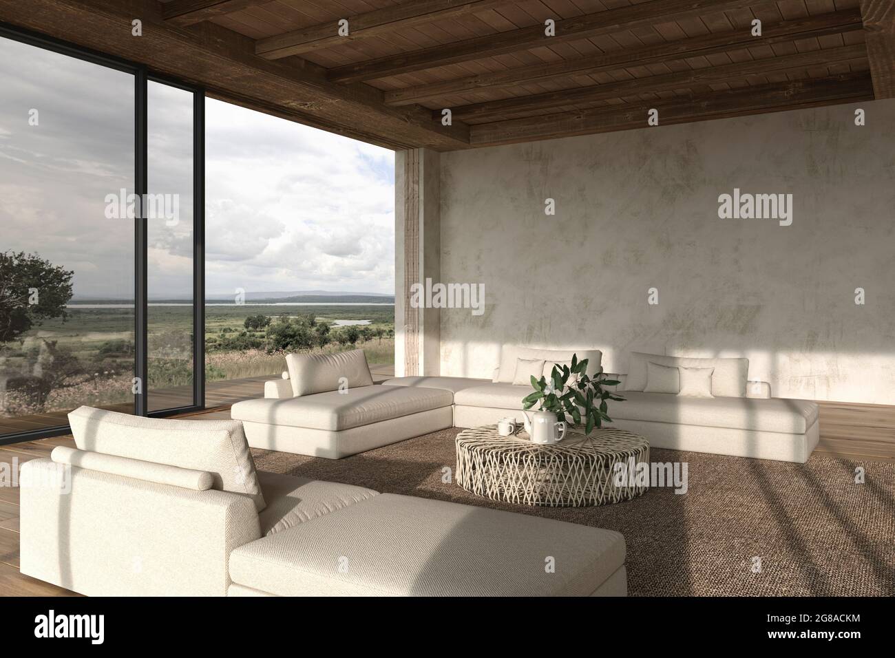 Modern interior design open space living room. Large windows and nature