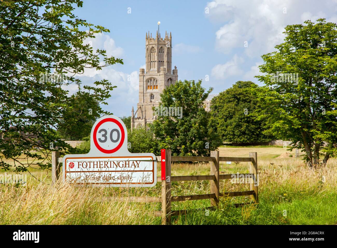 The village of Fotheringhay Northamptonshire, the scene of the execution of Mary Queen of Scots with the church of St Mary and All Saints Stock Photo