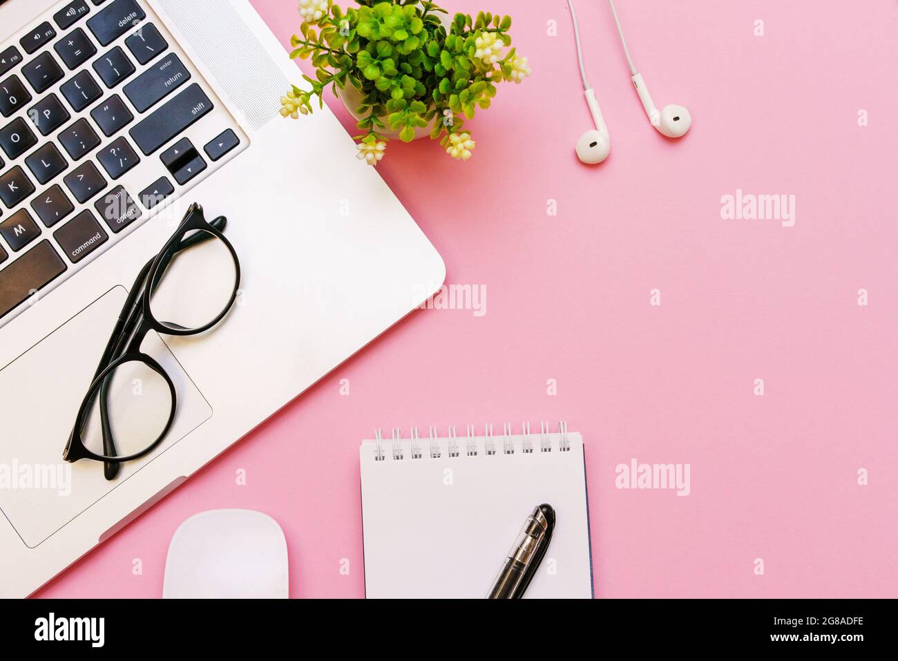 Stylized desktop layout with flat layout, white background, copy space ...