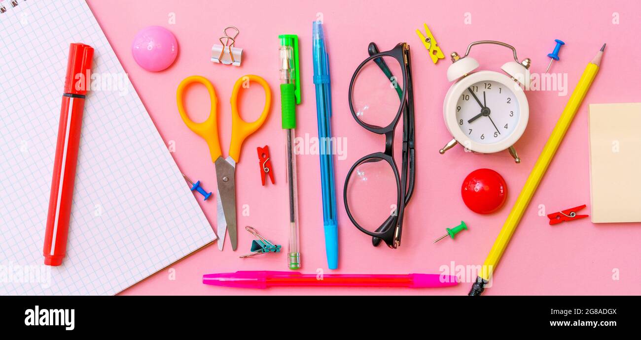 School notebook and various office supplies. Back to school
