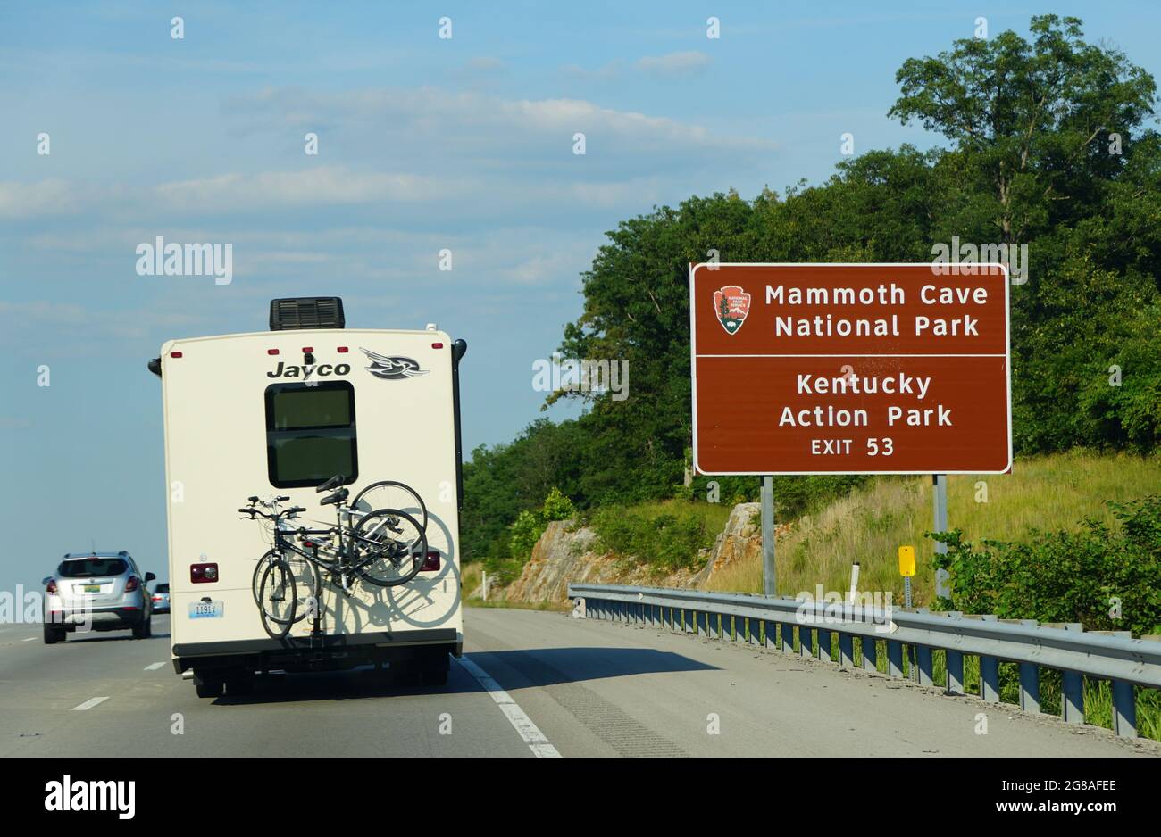 Kentucky, U.S.A - June 16, 2021 - An RV on the highway near the exit into Mammoth Cave National Park Stock Photo