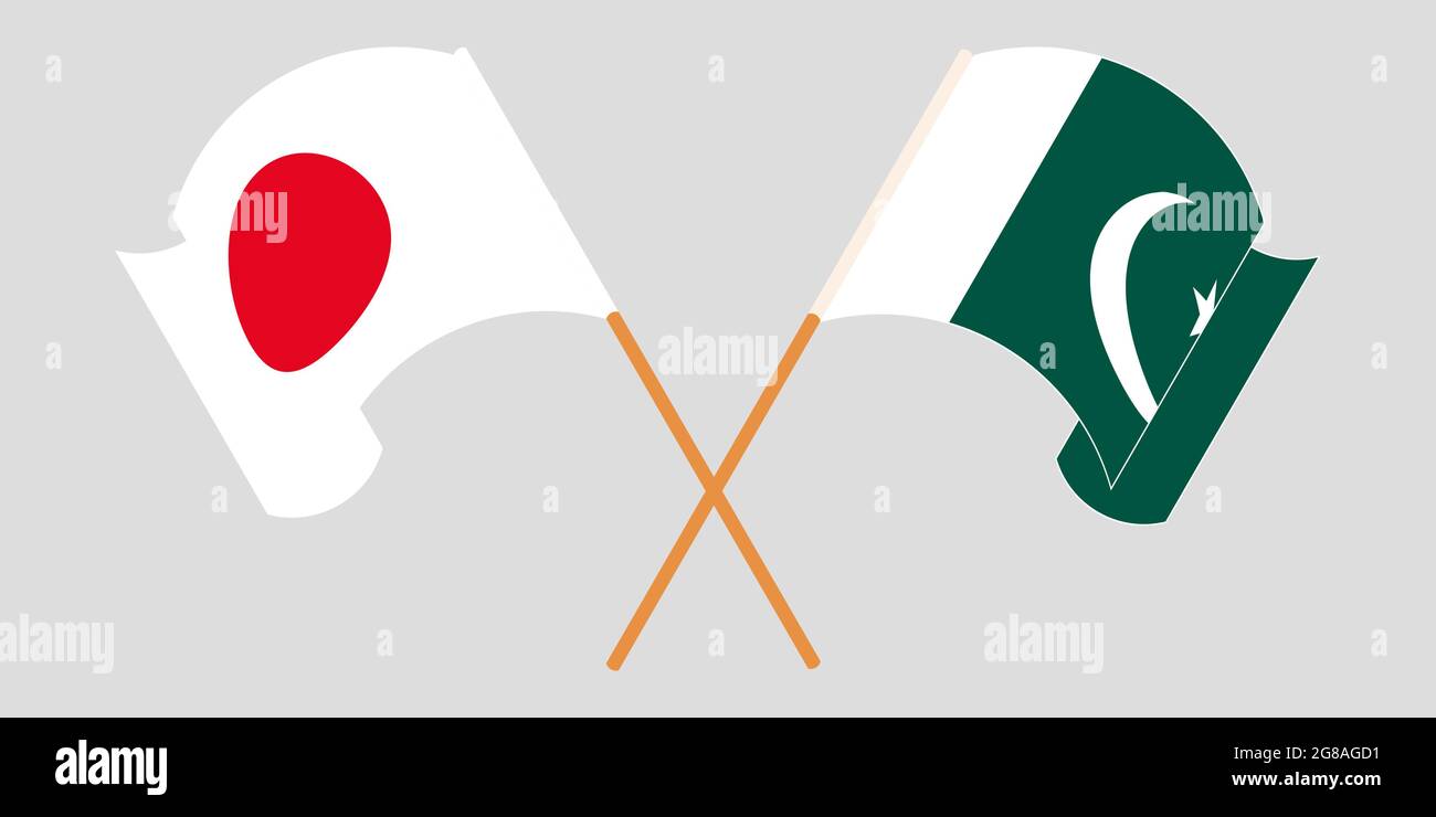 Crossed and waving flags of Pakistan and Japan. Vector illustration Stock Vector