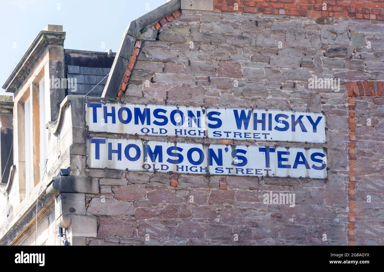 Old tin advertising signs on building, High Street, Perth, Perth and Kinross, Scotland, United Kingdom Stock Photo