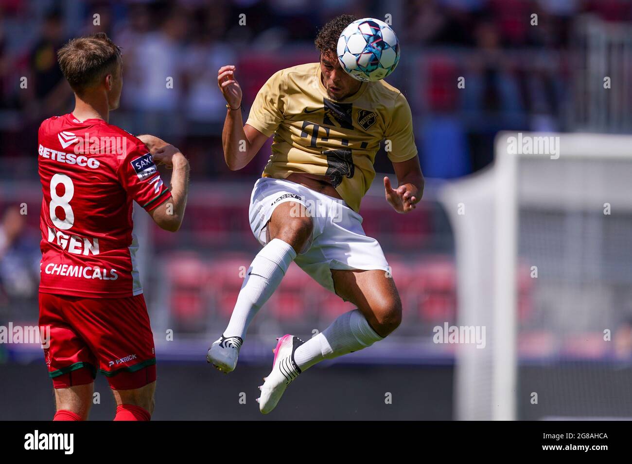 Waregem Belgium July 17 Lasse Vigen Christensen Of Zulte Waregem And Ruben Kluivert Of Fc Utrecht During The Club Friendly Match Between Zulte Waregem And Fc Utrecht At Elindus Arena On