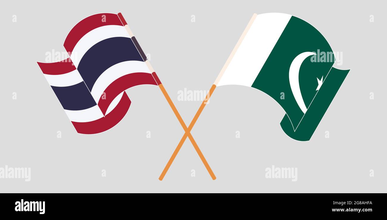 Crossed and waving flags of Pakistan and Thailand. Vector illustration Stock Vector