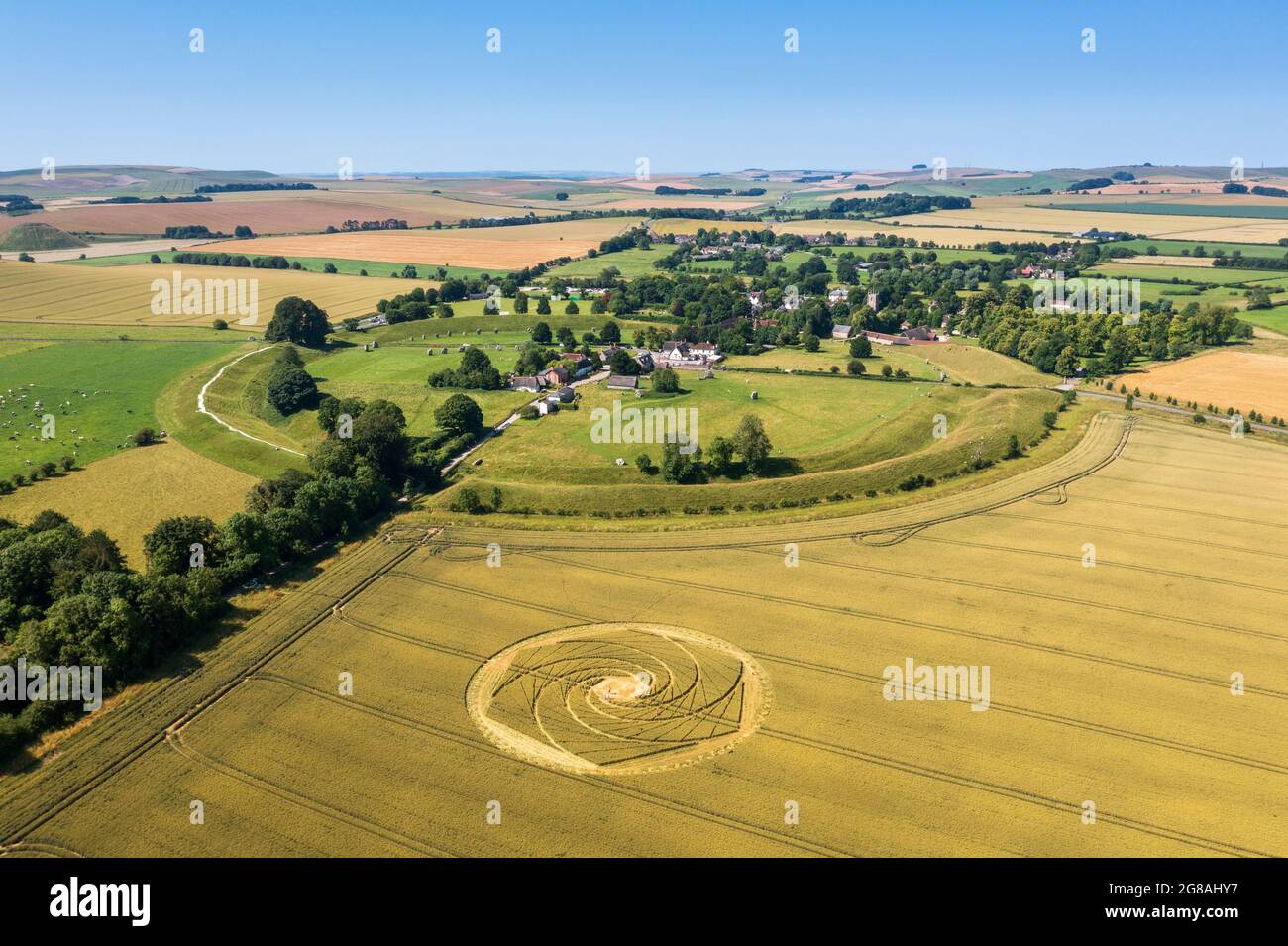 Avebury Village with neolithic Stone Circle and crop circles, Wiltshire, England Stock Photo