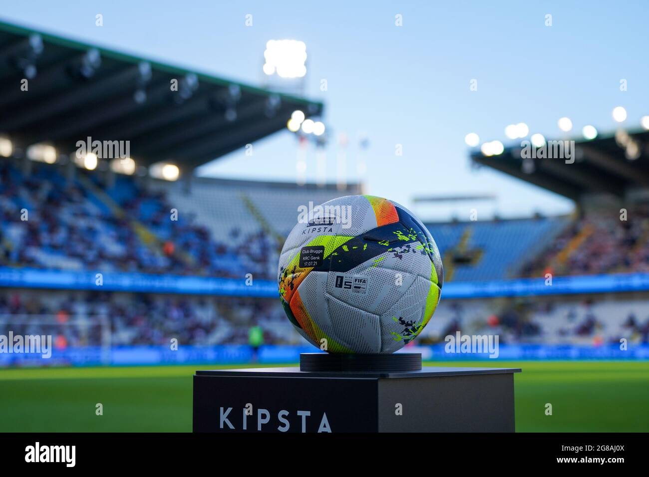 BRUGGE, BELGIUM - JULY 17: The official matchball by Kipsta with a general  inside view of the Jan Breydelstadion during the Pro League Supercup match  between Club Brugge and KRC Genk at