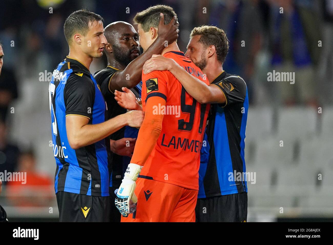 Brugge Belgium July 17 Matej Mitrovic Of Club Brugge Senne Lammens Of Club Brugge Mats Rits Of Club Brugge And Eder Balanta Of Club Brugge Celebrating The Win Of The Belgian