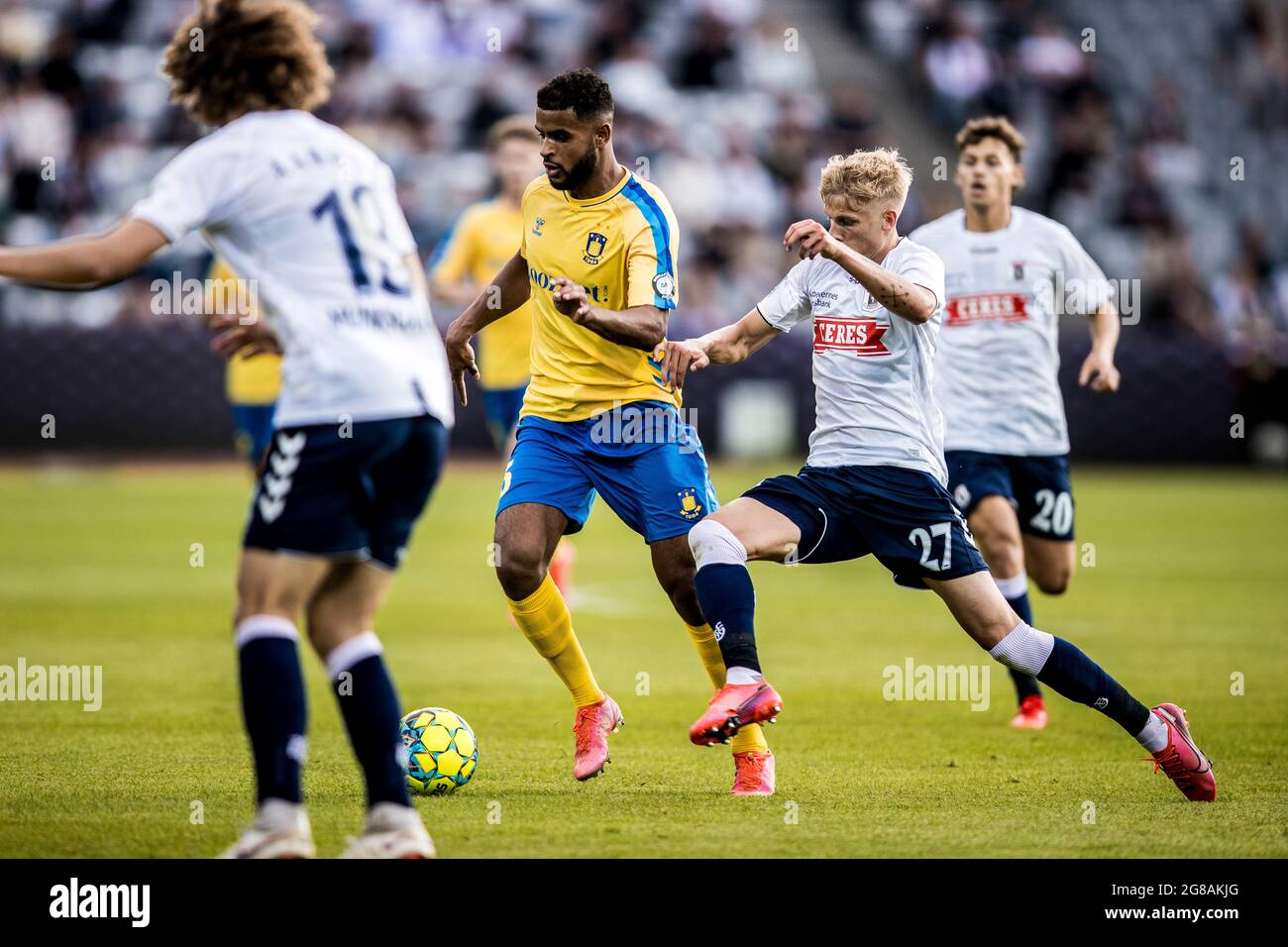Aarhus, Denmark. 18th July, 2021. Anis Ben Slimane (25) of Broendby IF and Albert Gronbaek (27) of AGF seen during the 3F Superliga match between Aarhus GF and Broendby IF at Ceres Park in Aarhus. (Photo Credit: Gonzales Photo/Alamy Live News Stock Photo