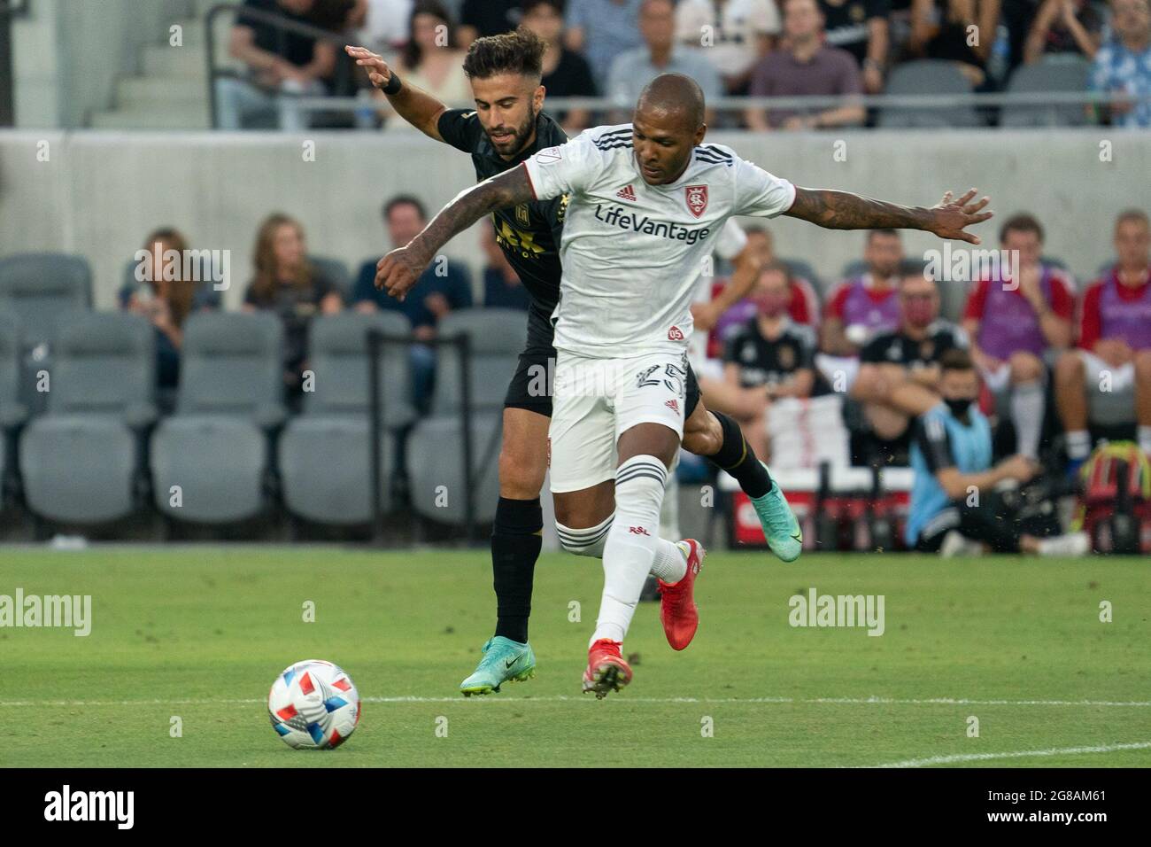 Real Salt Lake midfielder Everton Luiz (25) shields Los Angeles FC forward Diego Rossi (9) from the ball during a MLS game, Saturday, July 17, 2021, i Stock Photo