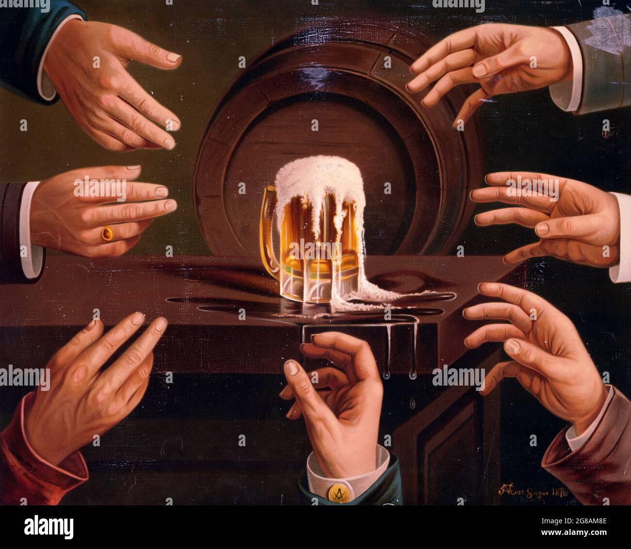 Vintage advertisement for beer. 1876. Seven male hands reaching for a mug of beer, sitting on a table. (Probably for the brewery Anheuser-Busch.) Stock Photo
