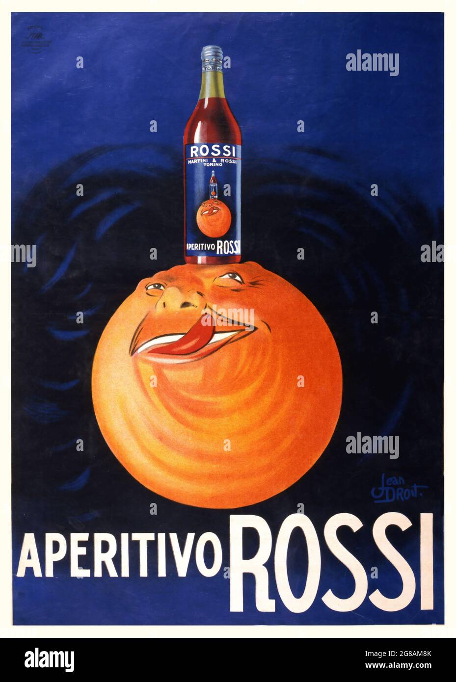 Vintage advertisement for Aperitivo Rossi. Artwork by Jean Droit (1884-1961). Old times advertising. A large orange with a bottle of Rossi on the head. Stock Photo