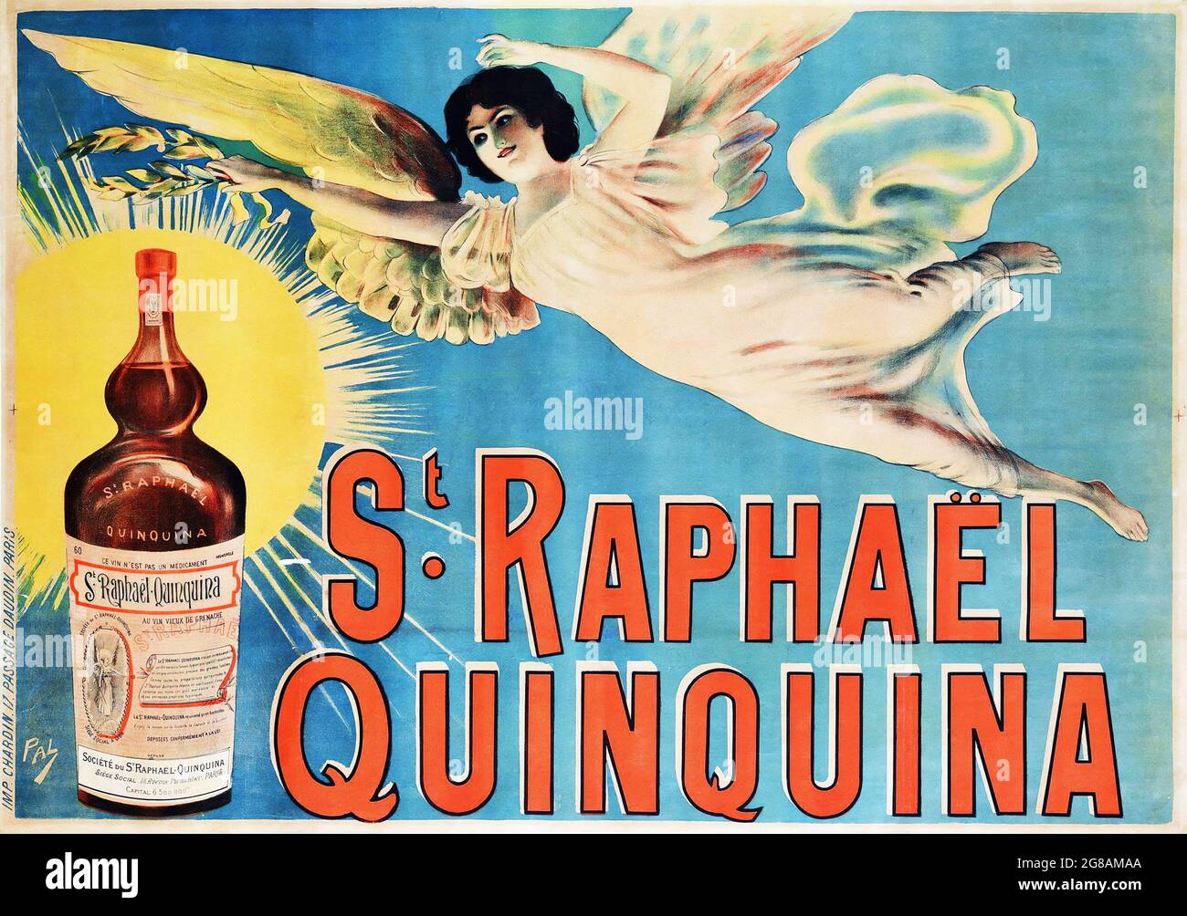 St Raphael Quinquina Vintage Food & Drink Poster, France 1885. Art Nouveau poster. An angel flying besides a bottle of St. Raphael Quinquina. Stock Photo