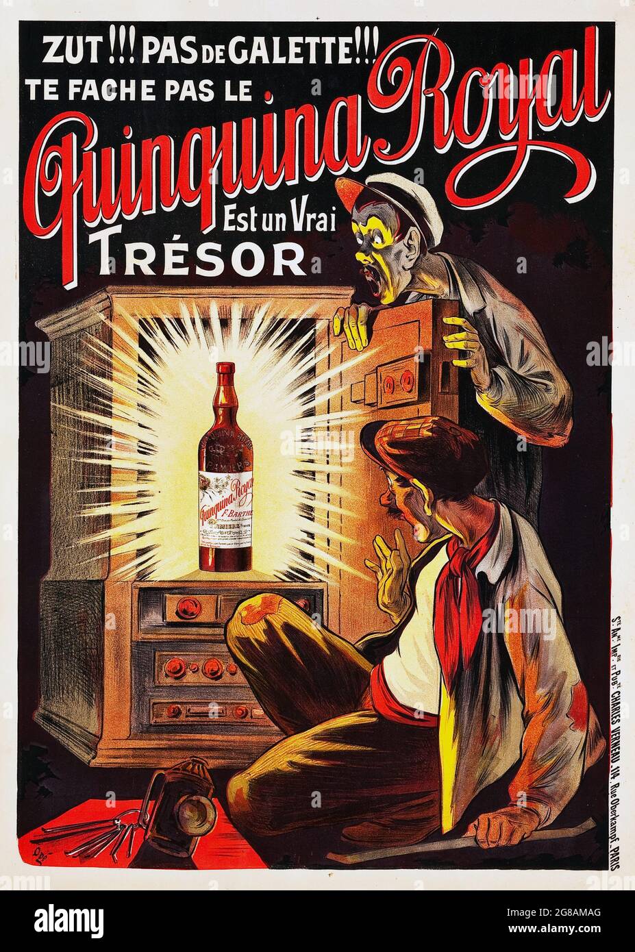Vintage advertisement for alcohol. Quinquina Royal French Advertising (c. 1910). French Poster. Thiefs opening a safe. Stock Photo