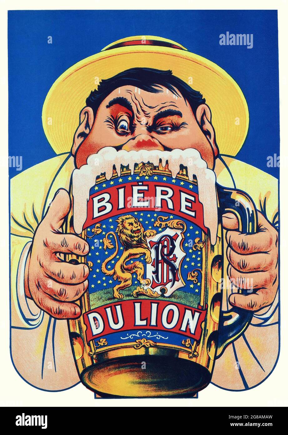 Bière du Lion. Vintage advertisement for beer. Man drinking a very large pint of beer. 1905. Art work by Eugène Ogé. Stock Photo