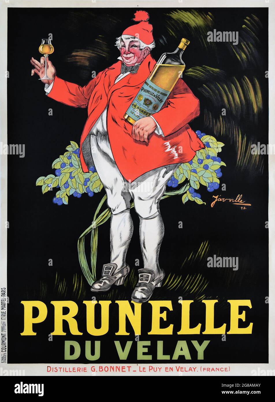 Vintage advertisement for alcohol. Prunelle du Velay. Author: Jarville. Distillerie G. Bonnet. French poster, 1922. Man holding a Prunelle bottle. Stock Photo