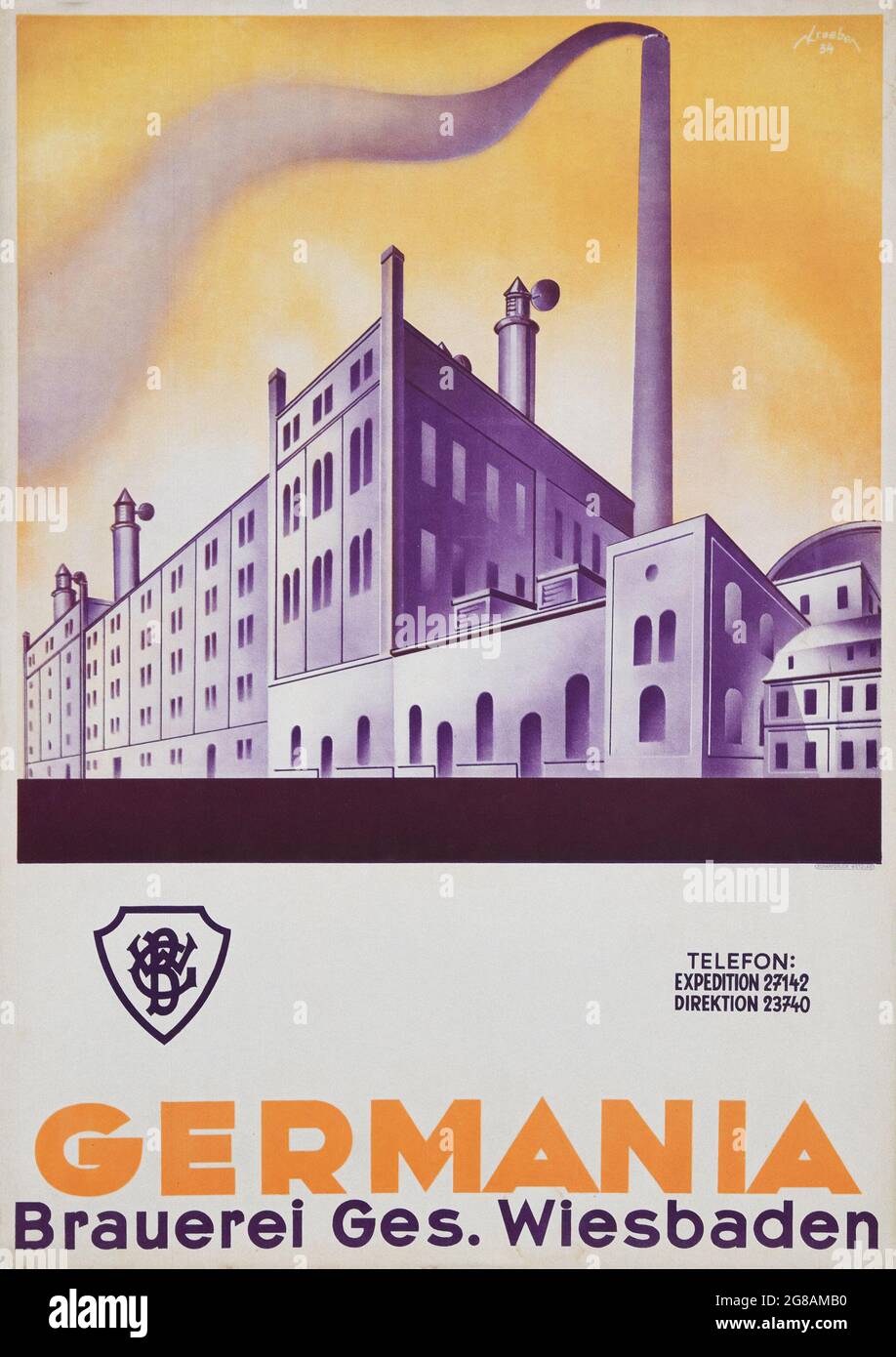 Vintage advertisement for alcohol. GERMANIA BRAUEREI GES. WIESBADEN - VINTAGE CARDBOARD SIGN by Kröber Stock Photo