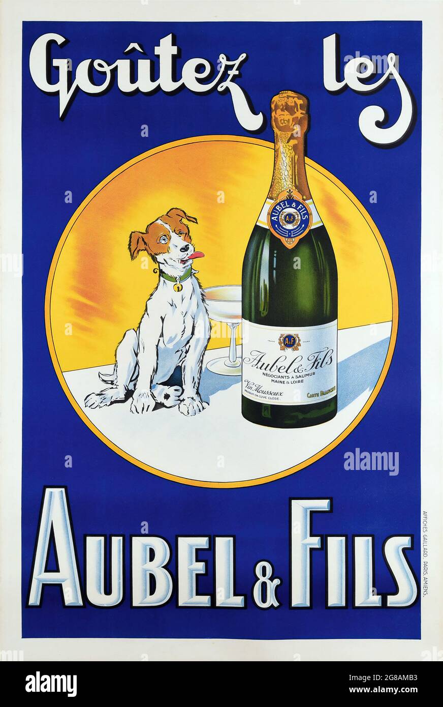 Goutez les Aubel & Fils, 1929 – advertising a French champagne feat. a thirsty dog. “Taste Aubel and Fils” Stock Photo